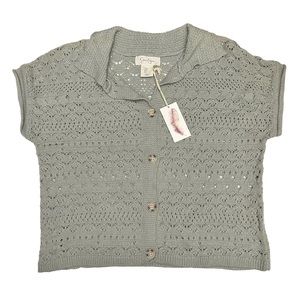 Jessica Simpson Open Knit Crop Sweater Short Sleeve Button Up Green Size Small